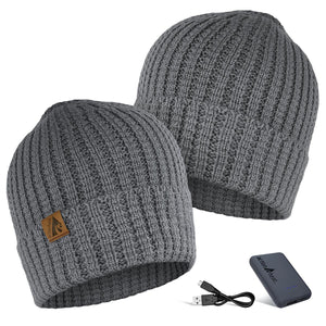 ActionHeat grey ribbed knit beanie with battery pack and charging cable