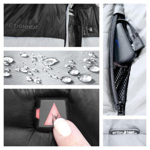 ActionHeat jacket features including water resistant fabric, battery pocket, and power button