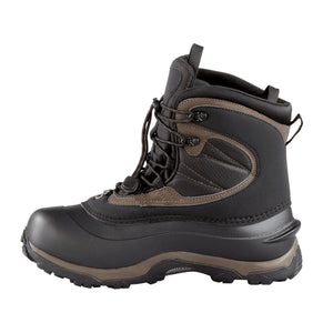 Black and brown insulated winter boot with lace up closure and rubber sole
