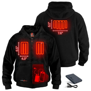 ActionHeat black heated hoodie showing heating element dimensions and battery pocket