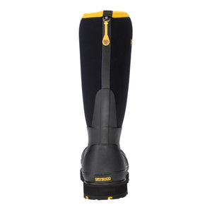 Back view of black Dryshod waterproof boot with yellow trim and pull tab
