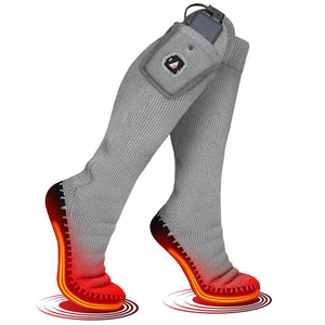 Grey knee high heated socks with battery pack attached to the side