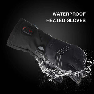 Black waterproof heated glove with power button and water splash effect