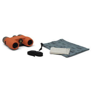 NOCS Provisions orange binoculars with black strap and patterned storage pouch