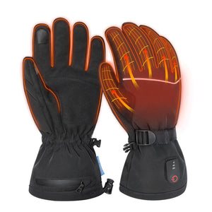 Pair of black heated gloves with visible heating element grid and power button on wrist