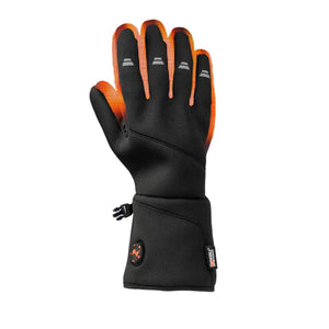 Mobile Warming black heated glove with orange heat indicator on fingers and power button on wrist