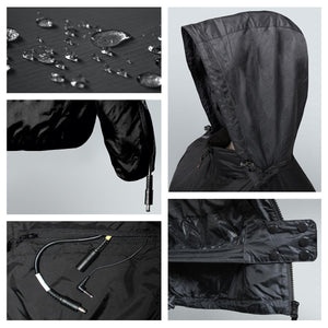 Close up details of black heated jacket showing water resistant fabric, hood, and power cable connectors
