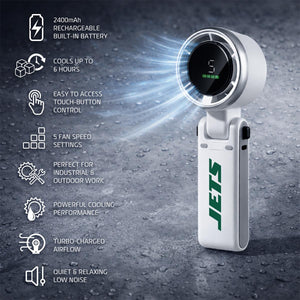 Jets handheld fan with 2400mAh battery 5 speed settings and touch control