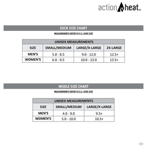 ActionHeat sock and insole size chart for men and women based on US shoe sizes