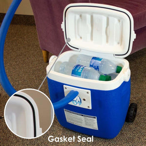 Polar Products cold therapy system cooler with open lid showing gasket seal detail
