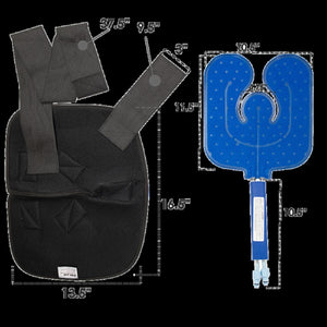 Polar Products U-shaped therapy bladder and black wrap with dimension labels