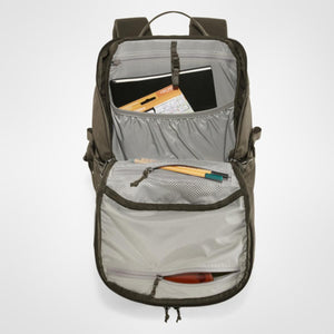 Open olive green backpack showing interior compartments with a notebook and pens