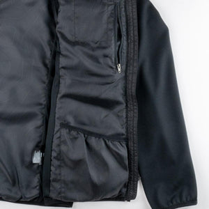 Interior view of black jacket showing zippered chest pocket and lower slip pocket
