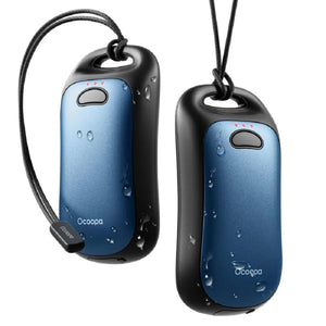 Two blue Ocoopa rechargeable hand warmers with black lanyards and water droplets on the surface