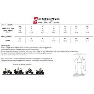 Gerbing heated clothing jacket and vest liner size chart with measurement instructions