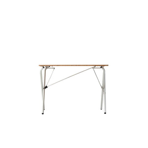 Folding table with a wooden top and white metal legs