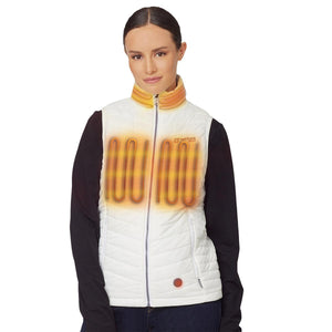 Woman wearing a white Venture Heat heated vest with visible heating elements on the chest and collar