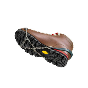 Brown hiking boot with metal traction spikes attached to the sole