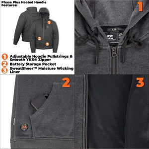 Fieldsheer Phase Plus heated hoodie showing adjustable hood, YKK zipper, battery pocket, and moisture wicking liner