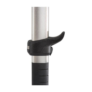 Black plastic locking lever on a silver metal telescopic pole