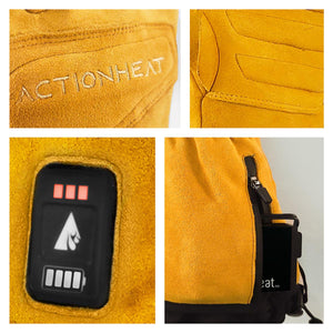 ActionHeat yellow suede gloves showing brand logo, heat control button, and battery compartment