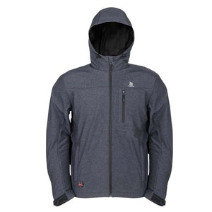 Mobile Warming charcoal grey hooded softshell jacket with front zipper and chest pocket