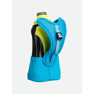 Blue mesh hand strap holding a black and yellow water bottle