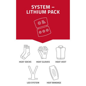 Diagram showing lithium pack compatibility with heat socks, gloves, vest, LED system, and heat bandage