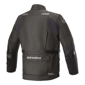 Back view of black Alpinestars motorcycle jacket with reflective details