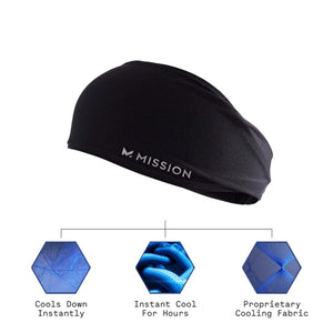 Mission black cooling headband with diagrams showing cooling fabric technology