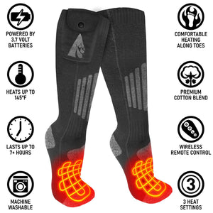 Black battery powered heated socks with feature icons for heat settings battery life and material