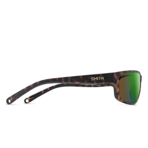 Smith sunglasses with tortoise shell frames and green reflective lenses viewed from the side