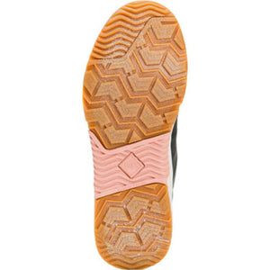 Bottom view of Muck boot showing brown rubber tread pattern and pink arch support