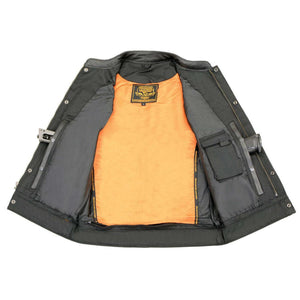 Milwaukee Leather black motorcycle vest interior with orange lining and concealed carry pockets