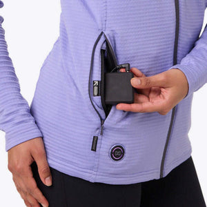 Mobile Warming purple jacket with battery pack in pocket