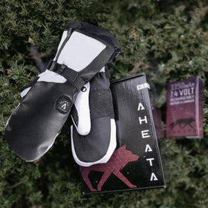 Aheata black and white heated mittens with battery pack and packaging