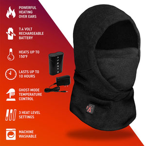 Aheata black heated balaclava with battery and charger showing technical features and heat settings