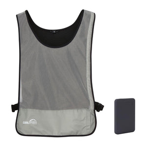 Coolspring grey mesh cooling vest with black trim and portable power bank
