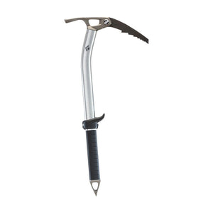 Black Diamond ice axe with silver curved shaft and black grip