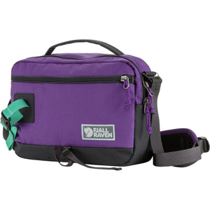 Fjallraven purple and black shoulder bag with green strap detail