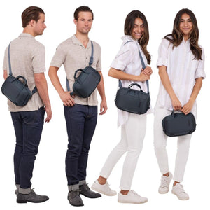 Man and woman wearing Thule crossbody bags in various positions