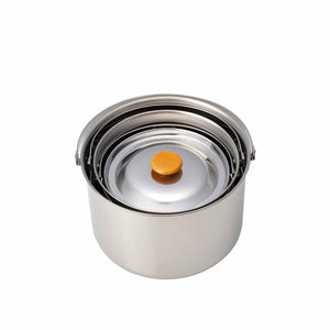 Stainless steel cooking pot with a lid and wooden knob handle