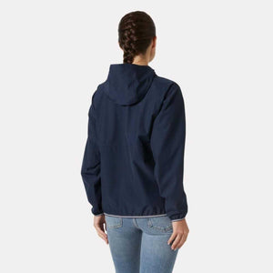 Back view of a person wearing a navy blue hooded windbreaker jacket with white trim at the hem