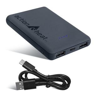ActionHeat power bank with two USB ports and charging cable