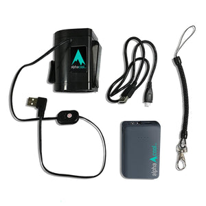 AlphaCool portable fan with power bank, charging cables, and lanyard