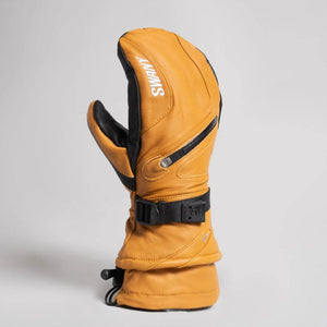 Swany yellow leather ski mitten with black trim and wrist strap