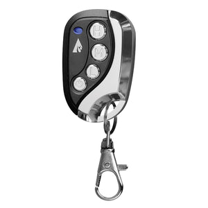 Black and chrome remote control keychain with H M L and power buttons