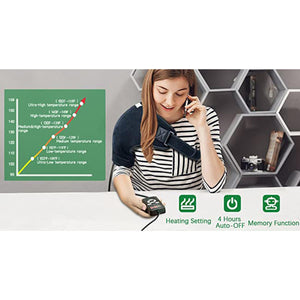 Woman wearing a shoulder heating pad with a temperature range chart and feature icons