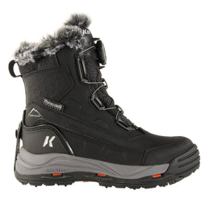 Korkers black waterproof winter boot with faux fur trim and dial lacing system