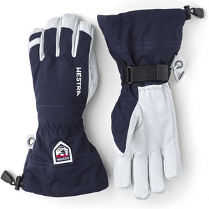 Hestra navy and light grey gauntlet ski gloves with adjustable wrist strap and logo patch